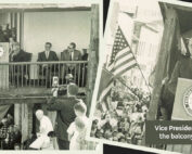 Vice President Lyndon Johnson makes speech from the balcony of what is now Panama Hat Company
